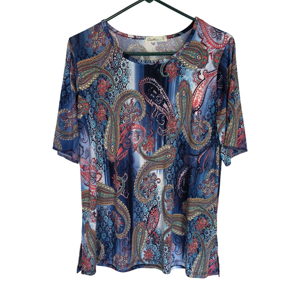 Cactus Womens Blue Paisley‎ Print Short Sleeve Top Size M Bohemian Blouse Flowy